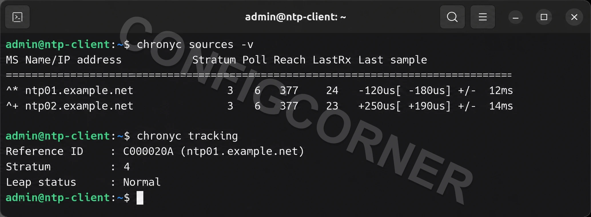 Linux terminal showing chronyc sources with one selected NTP source and normal tracking status