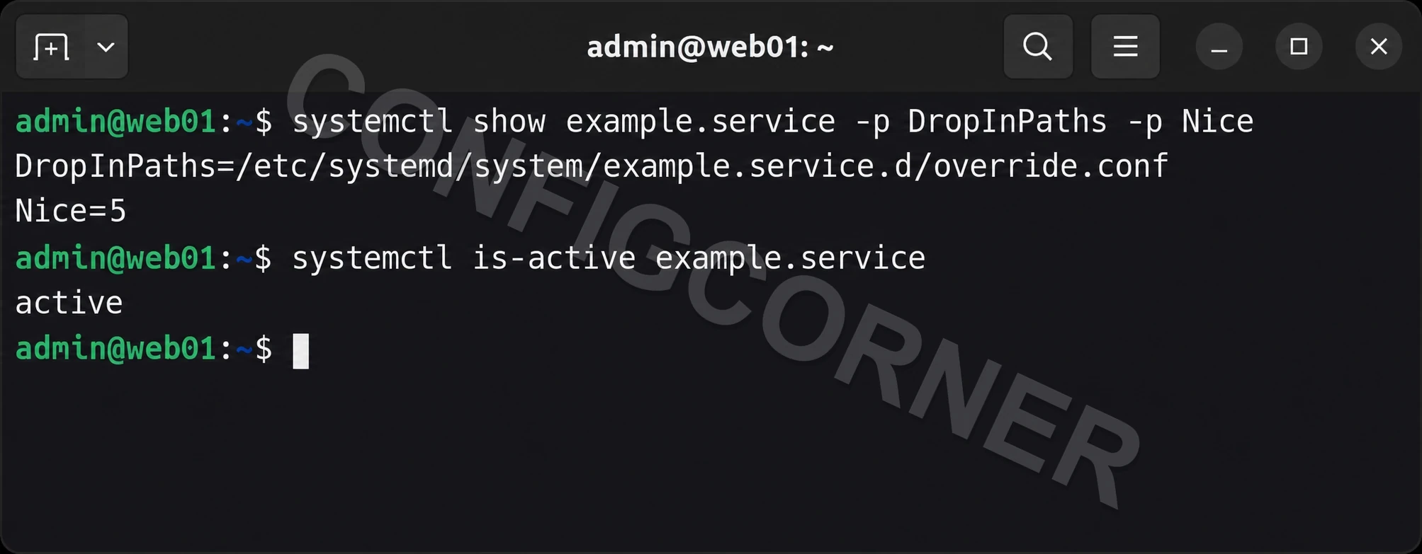 Linux terminal confirming the service drop-in path, Nice value, and active service status