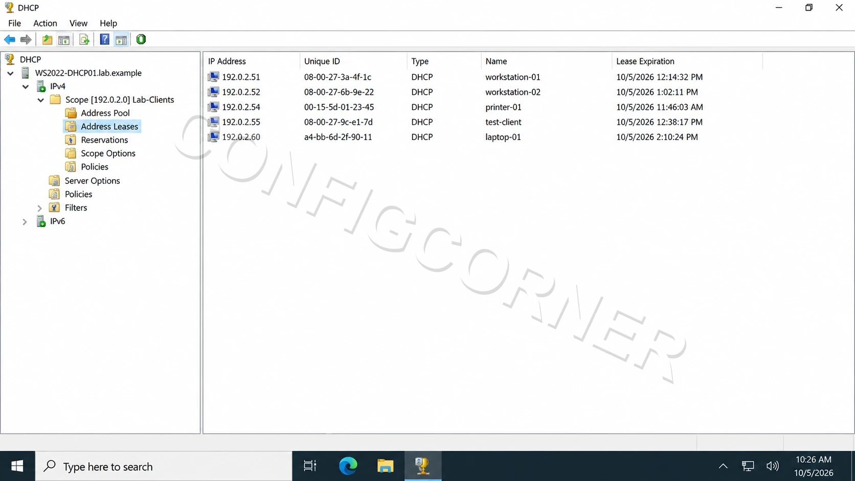 Windows Server DHCP console showing address leases in the Lab-Clients IPv4 scope