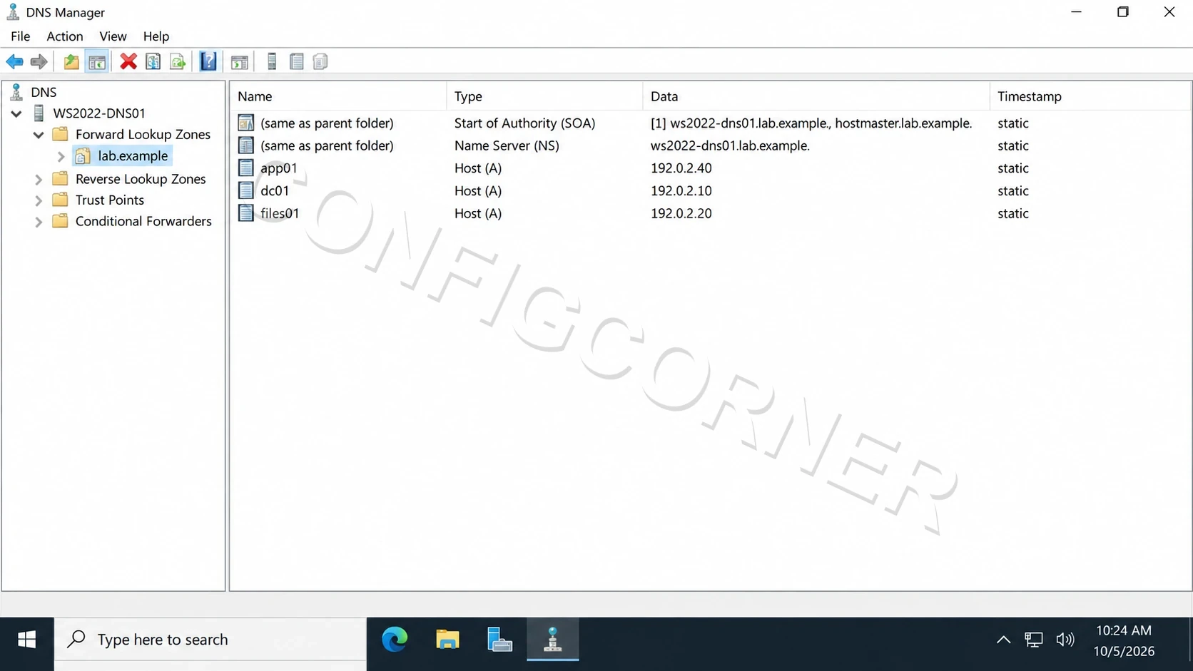 Windows Server DNS Manager showing the lab.example forward lookup zone and A records for app01, dc01, and files01