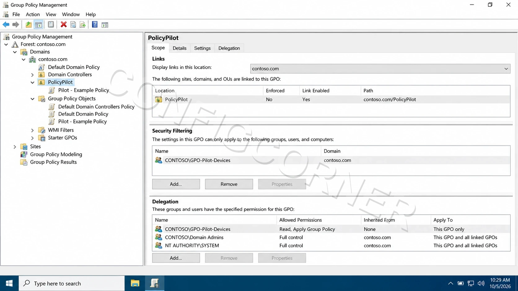 Group Policy Management console showing a pilot GPO linked to the PolicyPilot organizational unit