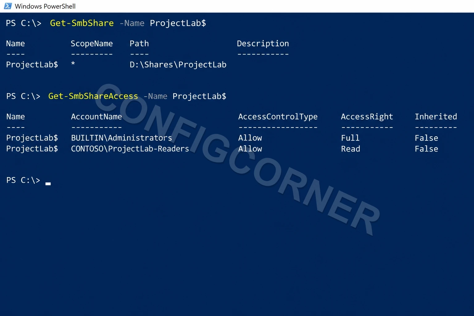 Windows PowerShell showing the ProjectLab SMB share path and read-only access for the approved group